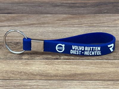 blauwe siliconen sleutelhanger met witte bedrukking voor Volvo Rutten